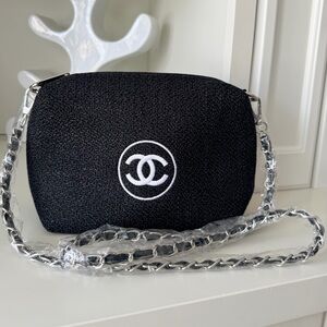 Chanel Black Tweed Canvas Crossbody Purse Black White Logo BRAND NEW